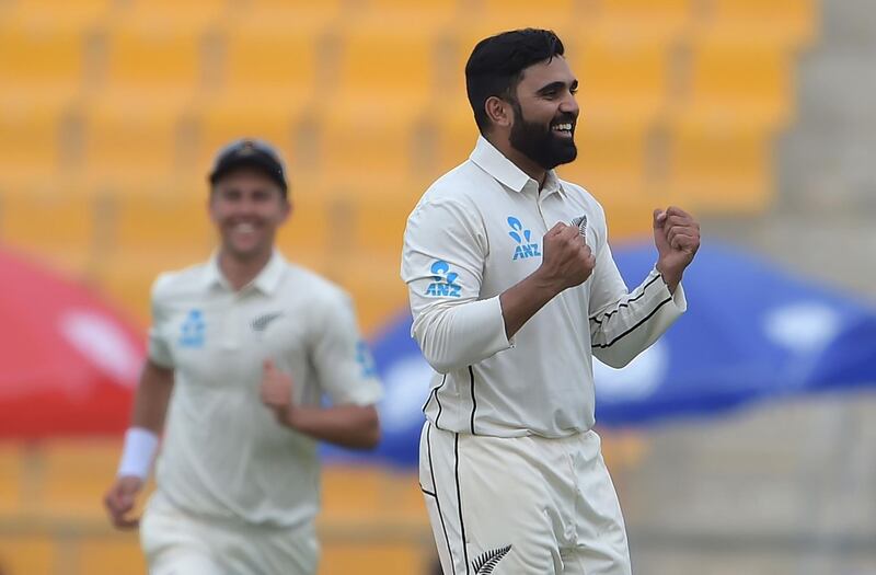 New Zealand spinner Ajaz Patel celebrates after taking the wicket of Pakistani captain Sarfraz Ahmed during the second day of the first Test cricket match between Pakistan and New Zealand at the Sheikh Zayed International Cricket Stadium in Abu Dhabi on November 17, 2018. / AFP / AAMIR QURESHI
