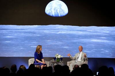 FILE PHOTO: Caroline Kennedy and Jeff Bezos, founder of Amazon and Blue Origin, have a fireside chat  during the JFK Space Summit, celebrating the 50th anniversary of the moon landing, at the John F. Kennedy Library in Boston, Massachusetts, U.S., June 19, 2019. REUTERS/Katherine Taylor/File Photo