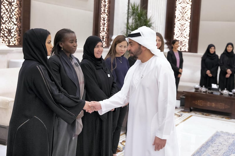 ABU DHABI, UNITED ARAB EMIRATES - May 14, 2019: HH Sheikh Hamdan bin Zayed Al Nahyan, Ruler’s Representative in Al Dhafra Region (R), greets a doctor who volunteered at the Special Olympics World Games Abu Dhabi 2019, during an after reception at Al Bateen Palace. 

( Hamad Al Mansouri for the Ministry of Presidential Affairs )​
---