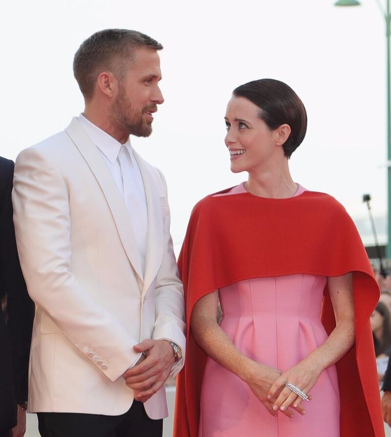 <p>HIT: Looking perfectly co-ordinated, Claire Foy mixed a duo-tone red and pink gown with Messika&nbsp;diamonds, while Ryan Gosling mixed white and cream.</p>
