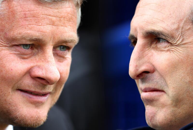 FILE PHOTO (EDITORS NOTE: COMPOSITE OF IMAGES - Image numbers 1171302519,1141040130 - GRADIENT ADDED) In this composite image a comparison has been made between Ole Gunnar Solskjaer, Manager of Manchester United (L) and Unai Emery, Manager of Arsenal . Manchester United and Arsenal meet in the Premier League on September 30, 2019 at Old Trafford Stadium in Manchester,England.  ***LEFT IMAGE*** SOUTHAMPTON, ENGLAND - AUGUST 31: Ole Gunnar Solskjaer, Manager of Manchester United looks on prior to the Premier League match between Southampton FC and Manchester United at St Mary's Stadium on August 31, 2019 in Southampton, United Kingdom. (Photo by Catherine Ivill/Getty Images) ***RIGHT IMAGE***  LIVERPOOL, ENGLAND - APRIL 07: Unai Emery, Manager of Arsenal looks on prior to the Premier League match between Everton FC and Arsenal FC at Goodison Park on April 07, 2019 in Liverpool, United Kingdom. (Photo by Clive Brunskill/Getty Images)