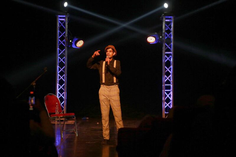 Abdullah Sobeih, 25, a graduate of the Amman Comedy Club, performing at Al-Shams theatre this month. AFP