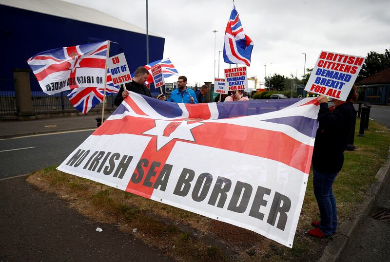 Loyalists protest against the Northern Ireland Brexit protocol at Belfast Harbour Estate in Northern Ireland, on July 3.  Reuters