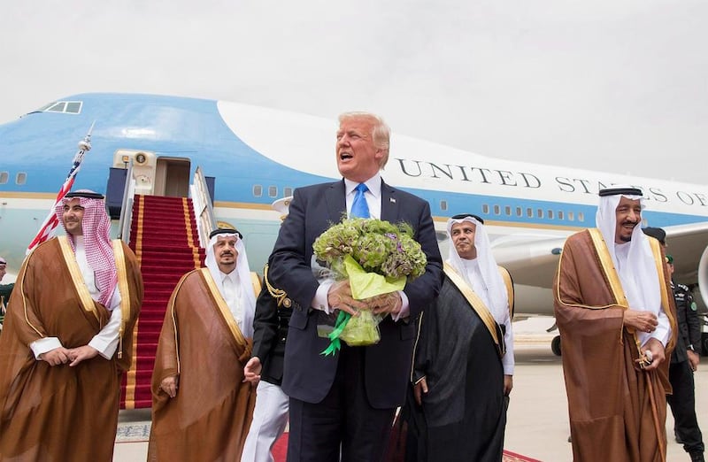 Donald Trump is welcomed by King Salman at King Khalid International Airport in Riyadh, Saudi Arabia, 20 May 2017.  Saudi Press Agency / EPA