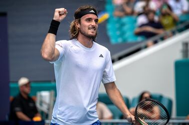 Stefanos Tsitsipas of Greece celebrate his victory against Cristian Garin of Chile during the Men's Singles 3rd Round of the 2023 Miami Open tennis tournament at the Hard Rock Stadium in Miami, Florida, USA, 27 March 2023.   EPA / CRISTOBAL HERRERA-ULASHKEVICH