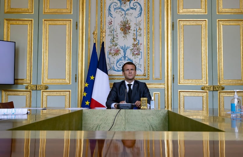 French President Emmanuel Macron attends a Climate Summit video conference, at the Elysee Palace in Paris, France. EPA