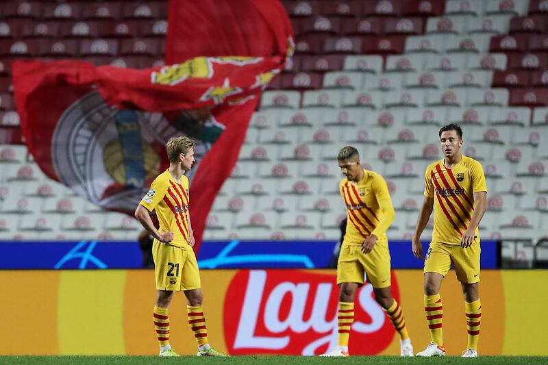 Left to right: Barcelona's Frankie de Jong, Sergino Dest and Nico Gonzalez after the match. EPA