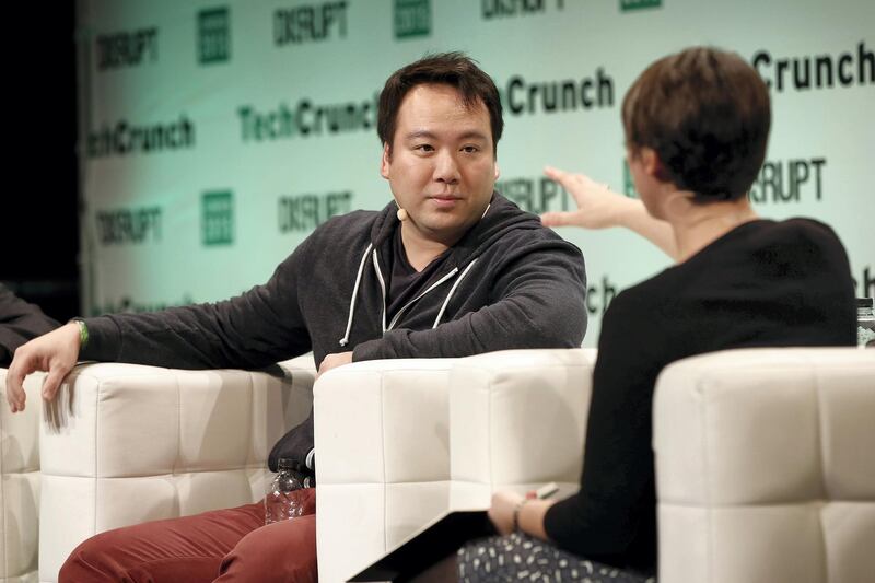 LONDON, ENGLAND - DECEMBER 07:  Co-Founder and CEO of @deliveroo William Shu with Ingrid Lunden during Hyperlocality in Europe during TechCrunch Disrupt London 2015 - Day 1 at Copper Box Arena on December 7, 2015 in London, England.  (Photo by John Phillips/Getty Images for TechCrunch)