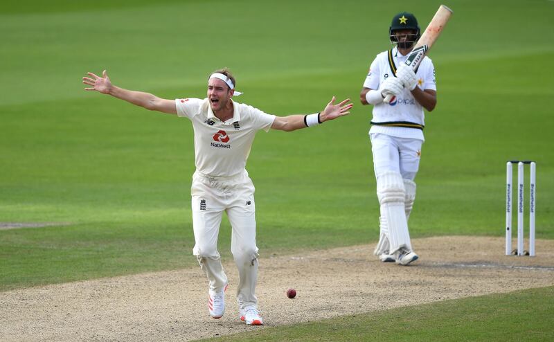 Stuart Broad successfully appeals for the wicket of Shan Masood. Getty