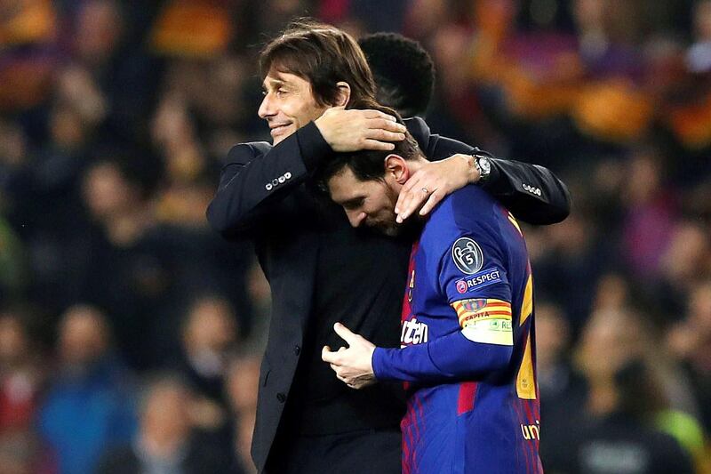 epaselect epa06604646 Chelsea's head coach Antonio Conte (L) congratulates FC Barcelona's Lionel Messi (R) after a UEFA Champions League round of 16 second leg soccer match between FC Barcelona and Chelsea FC at the Camp Nou stadium in Barcelona, Spain, 14 March 2018.  EPA/Alberto Estevez