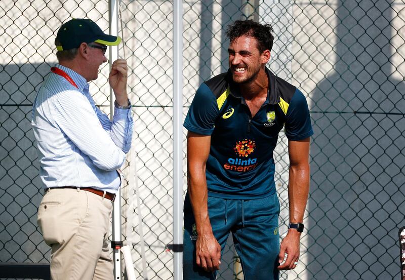 Australian Chairman of Selectors, Trevor Hohns,  speaks with fast bowler Mitchell Starc at the Gabba. Getty