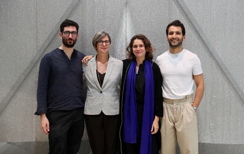 ABU DHABI , UNITED ARAB EMIRATES , November 12  ��� 2018 :- Left to Right ��� Aram Mooradian , Marysia Lewandowska , Summer Islam  and George Massoud with the Cinema Island after the opening of Art Abu Dhabi 2018 at Manarat Al Saadiyat in Abu Dhabi. ( Pawan Singh / The National ) For Arts & Life. Story by Melissa