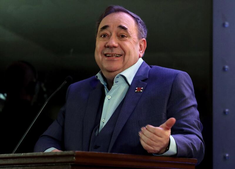Former first minister for Scotland Alex Salmond reacts during the launch of his political talk show The Alex Salmond Show on Russian TV broadcaster RT, during a media presentation at Millbank Tower in London, Thursday Nov. 9, 2017.   Salmond said: "This programme will give people with something to say a platform to say it" with the first programme scheduled for Nov.16.  (Chris Radburn/PA via AP)