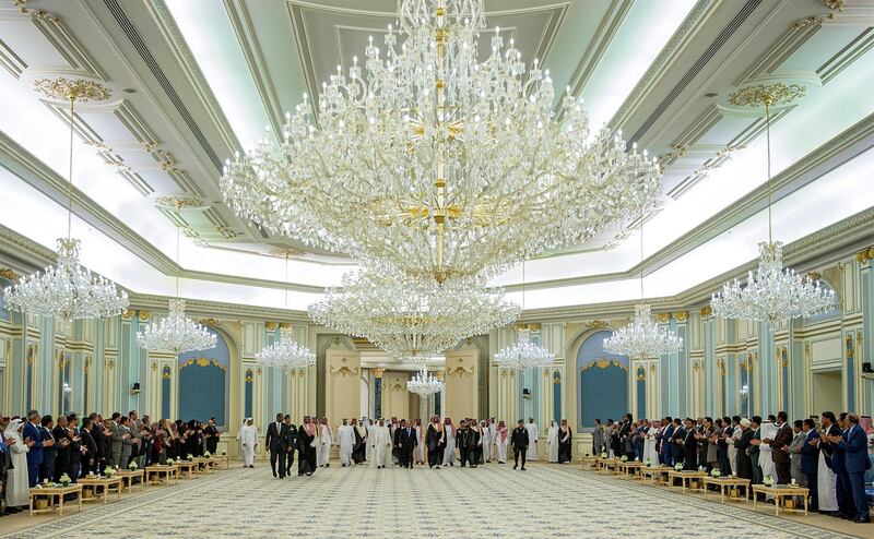 Sheikh Mohamed bin Zayed, Mr Hadi and Prince Mohammed bin Salman at the ceremony. AFP