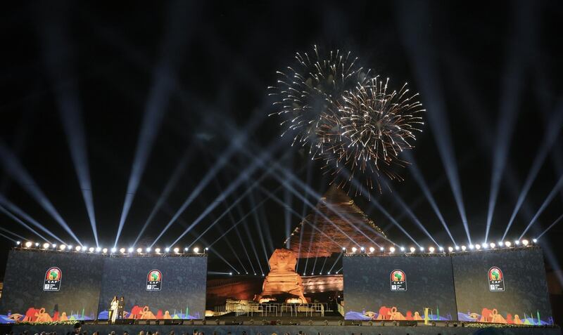 epaselect epa07502625 Fireworks light the sky above the Pyramid of Giza during the ceremony for the Draw for the 32nd edition of the Africa Cup of Nations (AFCON) soccer tournament, in Giza, Egypt, 12 April 2019. The 32nd edition of the Africa Cup of Nations to be hosted by Egypt is set to take place in June 2019.  EPA/KHALED ELFIQI