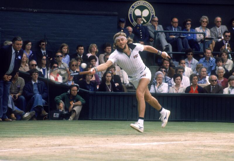 Defending champion Bjorn Borg of Sweden competing in the Men's Singles Final against John McEnroe of the USA at Wimbledon, 5th July 1980. Borg won the match 1-6, 7-5, 6-3, 6-7(16), 8-6, making him Wimbledon champion for the fifth year running. (Photo by Fox Photos/Hulton Archive/Getty Images)   