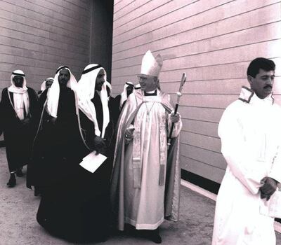 Sheikh Zayed attends the opening of St Andrew's Church in 1968 with the Archbishop of Jerusalem, Campbell MacInnes. Courtesy BP Archive 