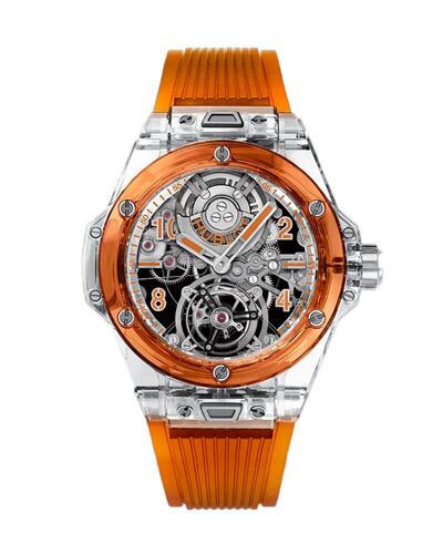 The Hublot Big Bang Tourbillon has a case and components made from orange sapphire crystal. Only Watch 2021