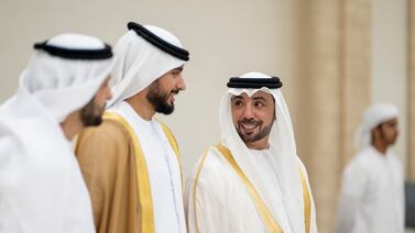 Sheikh Hazza bin Sultan, at an Eid Al Fitr reception at Mushrif Palace last month. Photo: UAE Presidential Court