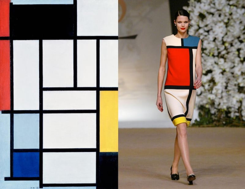 Yves Saint Laurent's 1965 collection was inspired by Dutch painter Piet Mondrian's Composition with Red, Yellow, Blue and Black, left, a work of art that now belongs to the Louvre Abu Dhabi. Getty Images; Pierre Verdy / AFP
