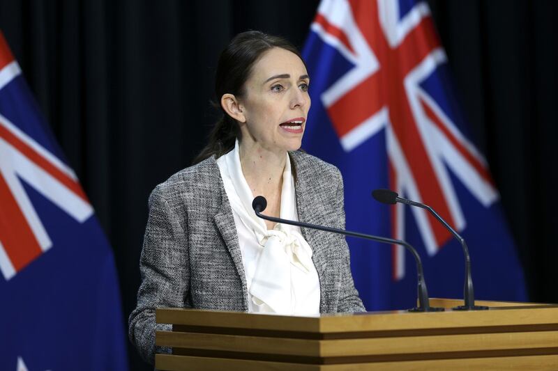 WELLINGTON, NEW ZEALAND - JUNE 17: Prime Minister Jacinda Ardern speaks to media during a press conference at Parliament on June 17, 2020 in Wellington, New Zealand. After 24 days without an active case in the country, two new cases of COVID-19 were confirmed in New Zealand on Tuesday. The new cases are two people who had been given a compassionate exemption to leave managed isolation to attend a funeral. (Photo by Hagen Hopkins/Getty Images)
