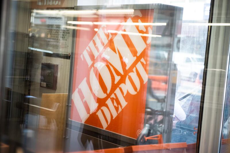 Home Depot Inc. store signage is displayed outside a in New York, U.S., on Friday, May 11, 2018. Home Depot Inc. is scheduled to release earnings figures on May 15. Photographer: Mark Kauzlarich/Bloomberg