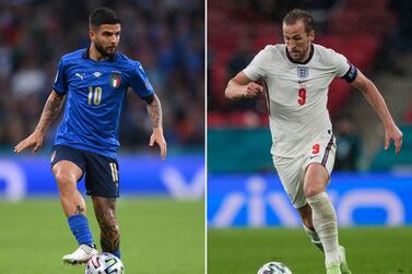 A combination of file pictures created on July 9, 2021 shows Italy's forward Lorenzo Insigne (L) in London on July 6, 2021 and England's forward Harry Kane in London on June 18, 2021.  - England face Italy in the UEFA Euro 2020 final football match at the Wembley Stadium in London on July 11, 2021.  (Photo by Frank AUGSTEIN and Laurence GRIFFITHS  /  AFP)