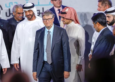 Abu Dhabi, United Arab Emirates, November 19 , 2019.  
Reaching the Last Mile Forum.
--Bill Gates and H.E. Sheikh Mohamed bin Zayed, Crown Prince of Abu Dhabi and Deputy Supreme Commander of the UAE Armed Forces leave the forum after the awards.
Victor Besa / The National
Section:  NA
Reporter:  Dan Sanderson