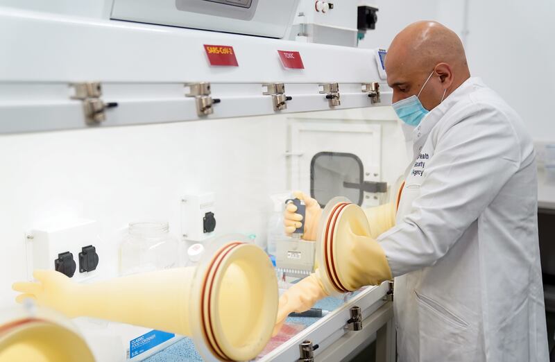 British Health Secretary Sajid Javid during a visit to officially open the Robinson Building, a new research centre for Covid-19 vaccines. PA