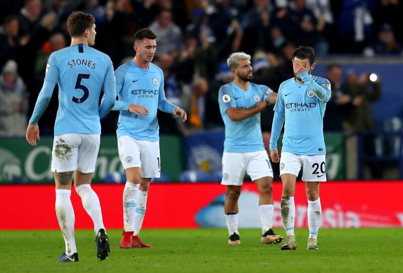 Bernardo Silva of Manchester City reacts to Leicester City's second goal. Getty Images