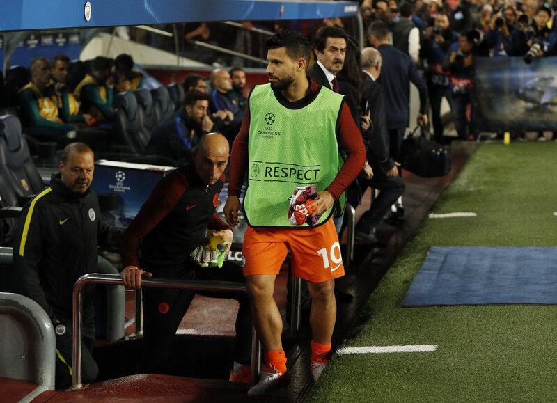 Manchester City’s Sergio Aguero heads towards the substitutes bench before the match. John Sibley / Action Images / Reuters