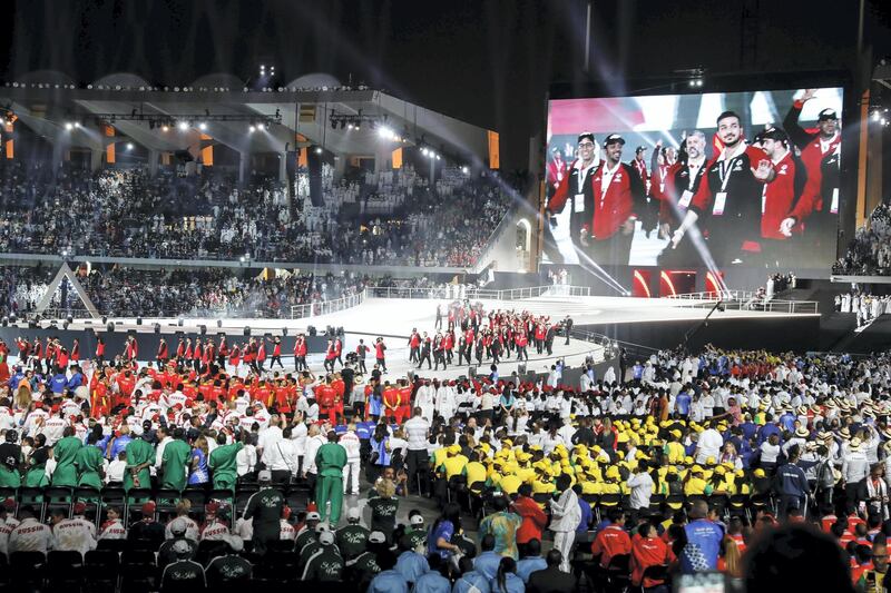 ABU DHABI, UNITED ARAB EMIRATES. 14 MARCH 2019. UAE Team arrives at the Opening Ceremony of the Special Olympics at Zayed Sports City. (Photo: Antonie Robertson/The National) Journalist: None: National.