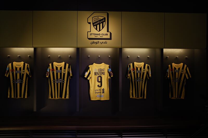 Karim Benzema's Al Ittihad jersey is displayed in the club's dressing room. Photo: Al-Ittihad