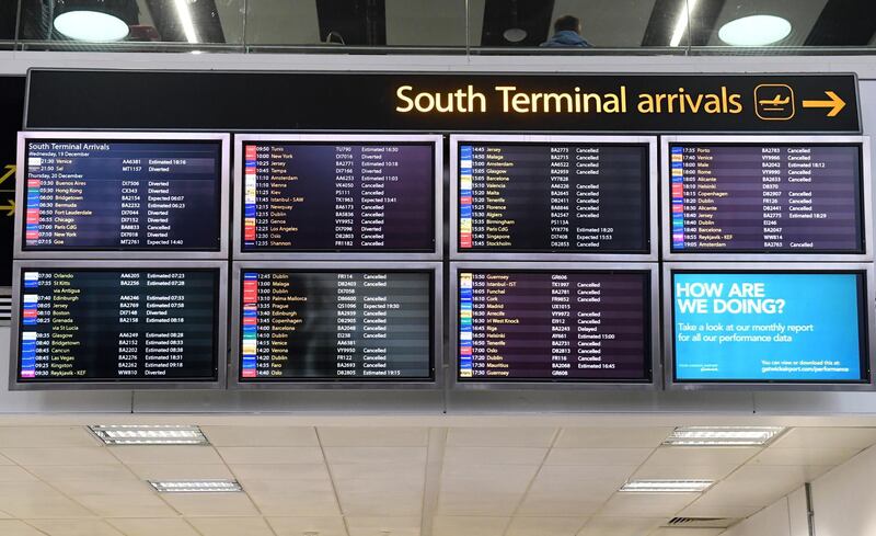 epa07242311 A screen displays information on flight disruption at Gatwick airport in Sussex, southeast, England, 20 December 2018. According to media reports, the runway for Britain's second busiest airport Gatwick was shut down by authorities after sightings of drones flying near the area. The incident disrupted air traffic and caused the suspension of all flights in and out of the airfield, with 110,000 passengers on 760 flights were due to fly from Gatwick.  EPA/FACUNDO ARRIZABALAGA