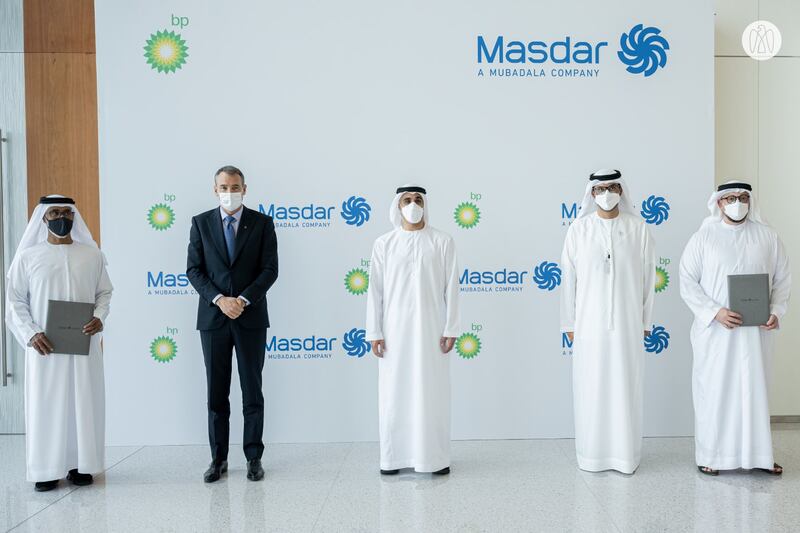 Sheikh Khaled, Dr Sultan Al Jaber, Minister of Industry and Advanced Technology, and executives from Adnoc, BP and Masdar at the signing ceremony.
