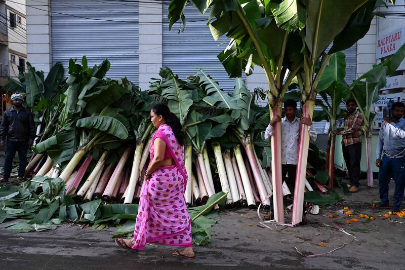 Vendors hold banana leaves as they wait for devotees at a market during the festival of Diwali in Hyderabad, India. AFP