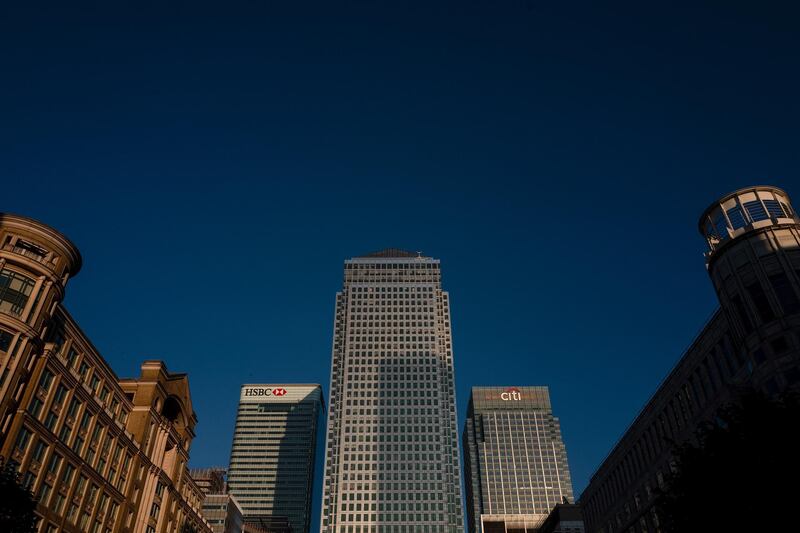 The One Canada Water skyscraper office building, center, stands between the HSBC Holdings Plc headquarters office building, left, and Citigroup Inc. office building, right, in the Canary Wharf business, financial and shopping district of London, U.K., on Monday, Sept. 14, 2020. Londoners are steadily increasing their use of public transport after schools reopened, freeing parents to go back to the workplace. Photographer: Simon Dawson/Bloomberg