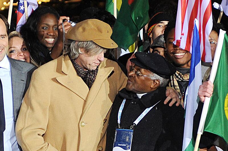 Catching up with Irish singer Bob Geldof at the One Young World Summit in London, 2010. PA