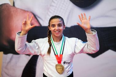 Amal Amjahid won her eighth JJIF gold at the Jiu Jitsu World Championships in Abu Dhabi on Wednesday. Reem Mohammed / The National
