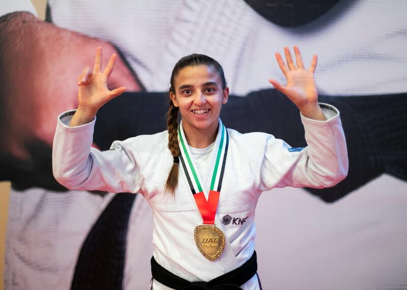 ABU DHABI, UNITED ARAB EMIRATES. 20 NOVEMBER 2019. 
Amal Amjahid wins her 8th gold medal in Jiu Jitsu World Championships 2019, held in Mubadala Arena. She won in the ADULTS JIU-JITSU FEMALE -57 KG category.

(Photo: Reem Mohammed/The National)

Reporter:
Section: