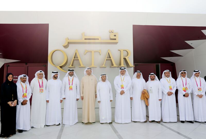 Dignitaries, including Sultan bin Rashid Al Khater, undersecretary at Qatar's Ministry of Commerce and Industry, at the Qatar pavilion in Expo 2020 Dubai
