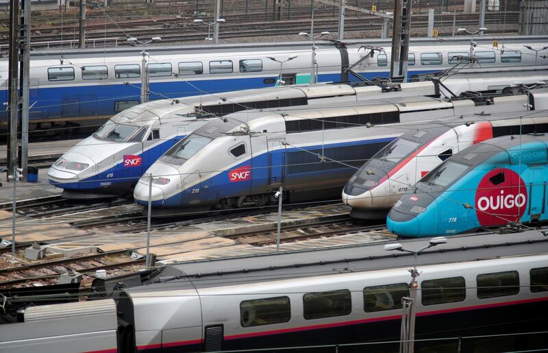 TGV trains (high speed train) are parked at a SNCF depot station in Charenton-le-Pont near Paris as part of a day of national strike and protests against French government's pensions reform plans in France, December 5, 2019.  REUTERS/Charles Platiau