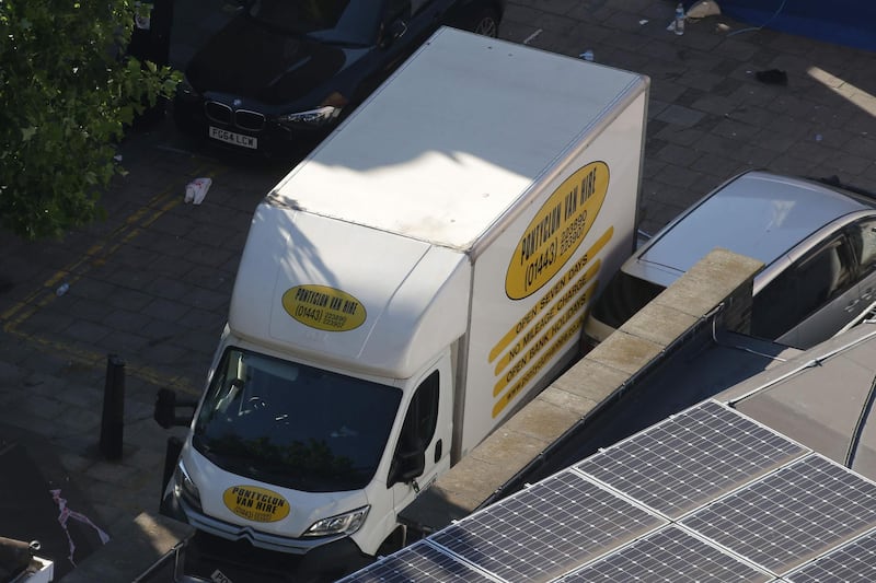 (FILES) This file photo taken on June 19, 2017 shows a view of the van used in an alleged attack on pedestrians in Finsbury Park area of north London on June 19, 2017.
A British man "obsessed" with Muslims deliberately drove into a group outside a mosque in an act of terrorism intended to kill as many as possible, a court heard on January 22, 2018. Darren Osborne is accused of murdering 51-year-old Makram Ali and trying to murder others in the Finsbury Park area of north London on June 19 last year, after growing angry at recent terror attacks and child sexual exploitation scandals involving gangs of mainly Muslim men. Osborne, 48, from the Welsh capital Cardiff, denies the charges.
 / AFP PHOTO / Daniel LEAL-OLIVAS