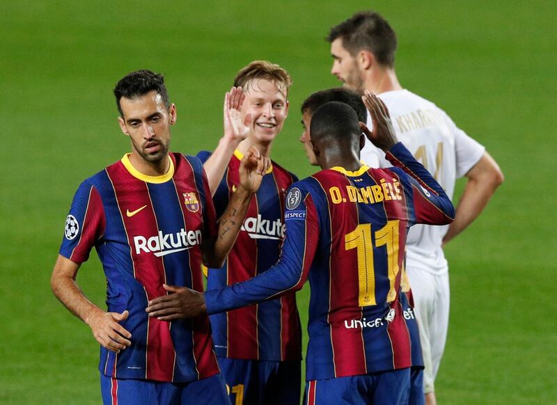 Barcelona's Ousmane Dembele celebrates scoring their fifth goal. Reuters