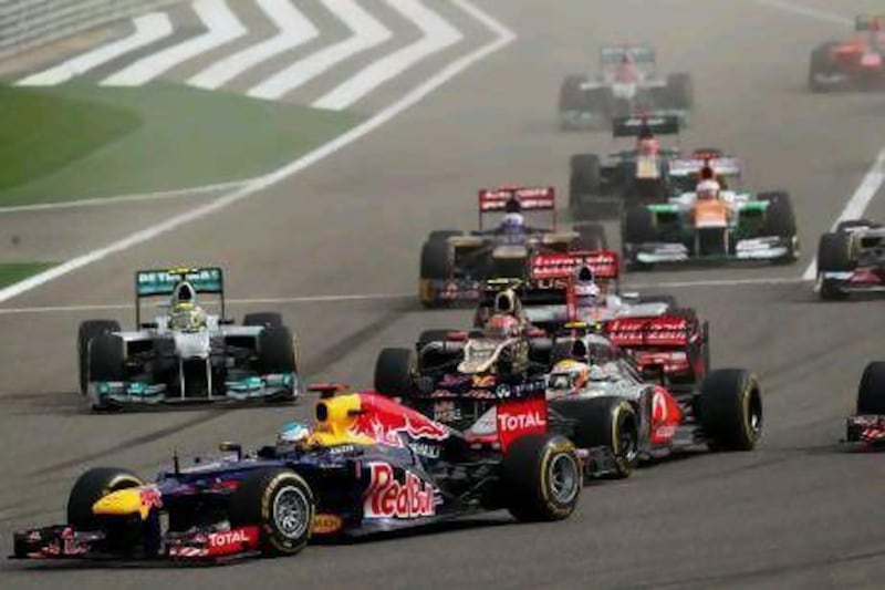 Formula One drivers comete around the Sakhir international Circuit in Bahrain.