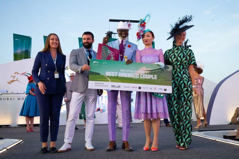 Style Stakes Best Dressed Couple winners, Nader Tearab and Zheng-Gi-Ya, at the Dubai World Cup on March 30, 2019. Twitter / Meydan Style