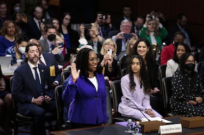 Ketanji Brown Jackson is sworn in during her confirmation hearing before the Senate Judiciary Committee. Getty Images / AFP
