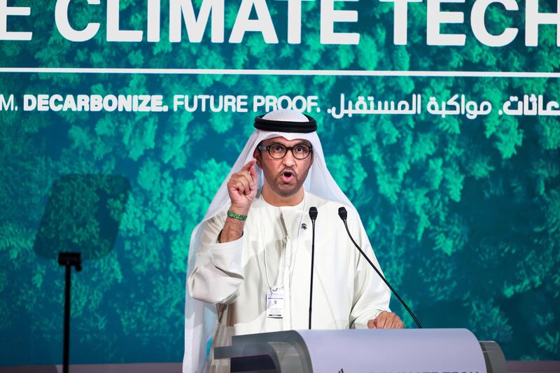 Dr Sultan Al Jaber delivers the keynote address at the UAE Climate Tech forum. 