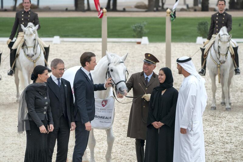 ABU DHABI, UNITED ARAB EMIRATES - March 23, 2019: HH Sheikh Mohamed bin Zayed Al Nahyan, Crown Prince of Abu Dhabi and Deputy Supreme Commander of the UAE Armed Forces (R) and HE Sebastian Kurz, Chancellor of Austria (3rd L), watch an equestrian performance by the Spanish Riding School of Vienna, at Emirates Palace. Seen with HH Sheikha Hassa bint Mohamed bin Zayed Al Nahyan (2nd R) and Sonja Klima General Managing Director of the Spanish Riding School (L).

( Mohamed Al Hammadi / Ministry of Presidential Affairs )
---