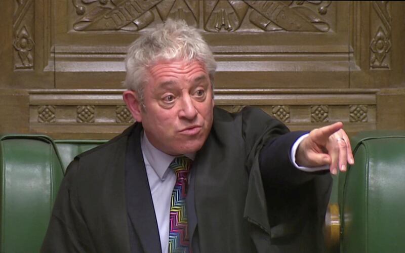 Speaker of the House John Bercow gestures after the vote on British Prime Minister Theresa May's Brexit deal, in London, Britain, January 15, 2019 in this screengrab taken from video. Reuters TV via REUTERS
